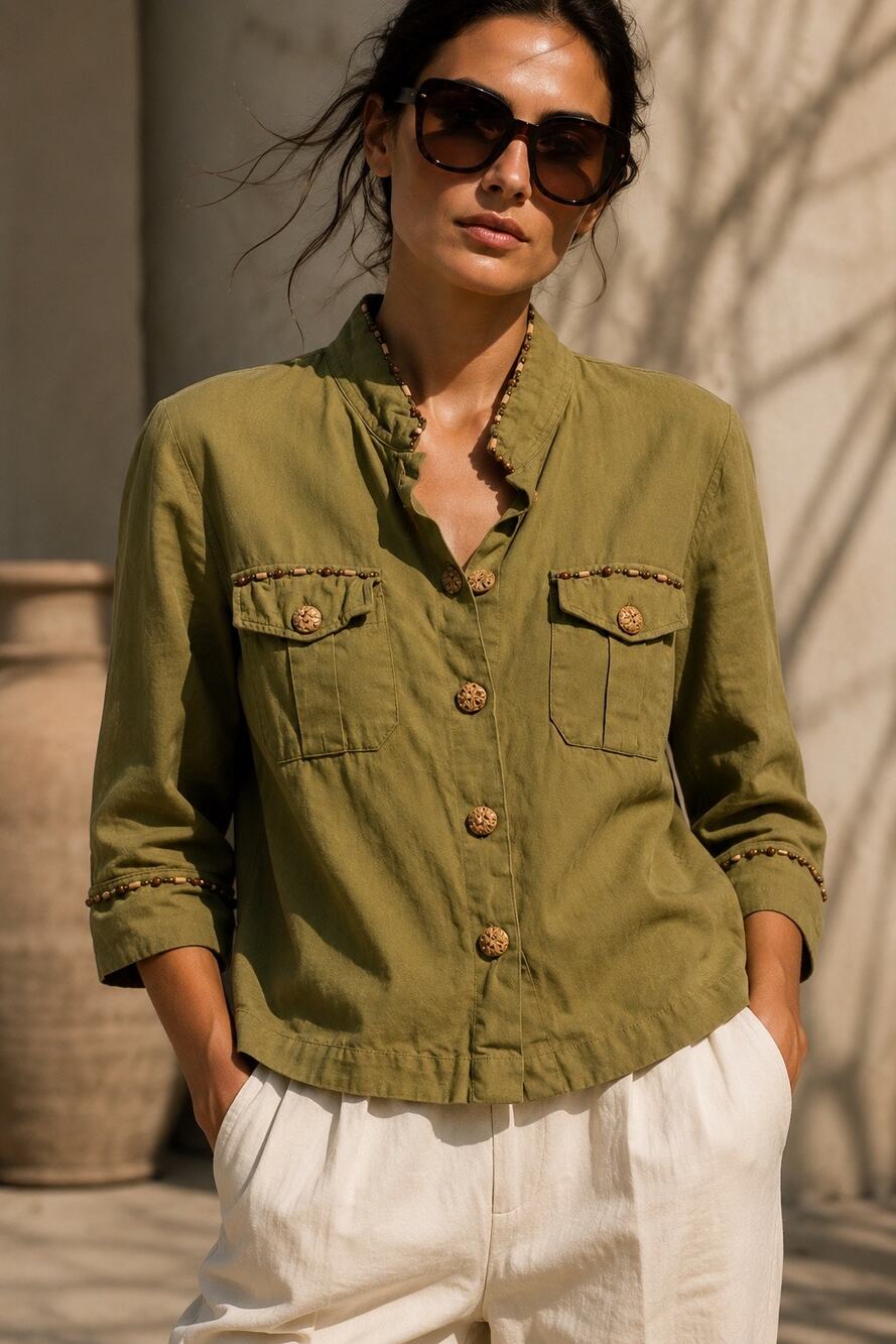 Vintage Ku de ta Linen Beaded Olive Safari Utility Blouse Jacket S Boho Coastal